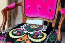 15 a gorgeous vintage chair with a bright embroidered seat and bright pink velvet back plus armrests will make a refined statement
