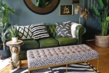 19 a dramatic zebra rug is the main statement piece here, and an animal print ottoman and pillows are additional ones
