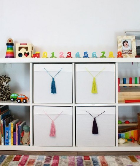 a simple IKEA Hack – add tassels to your plain drona boxes to give them a colourful pop and flair