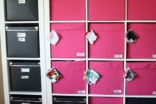 23 build your own storage with Ikea Expedit shelves, Drona pink fabric boxes and Kassett black boxes