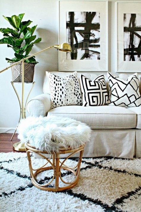 various prints are all done in a monochromatic color combo and make the space look bold and very cohesive