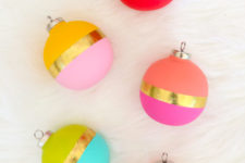 DIY bright color block Christmas ornaments with gold tape