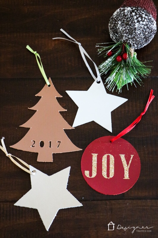 DIY bright and contrasting leather Christmas ornaments (via designertrapped.com)