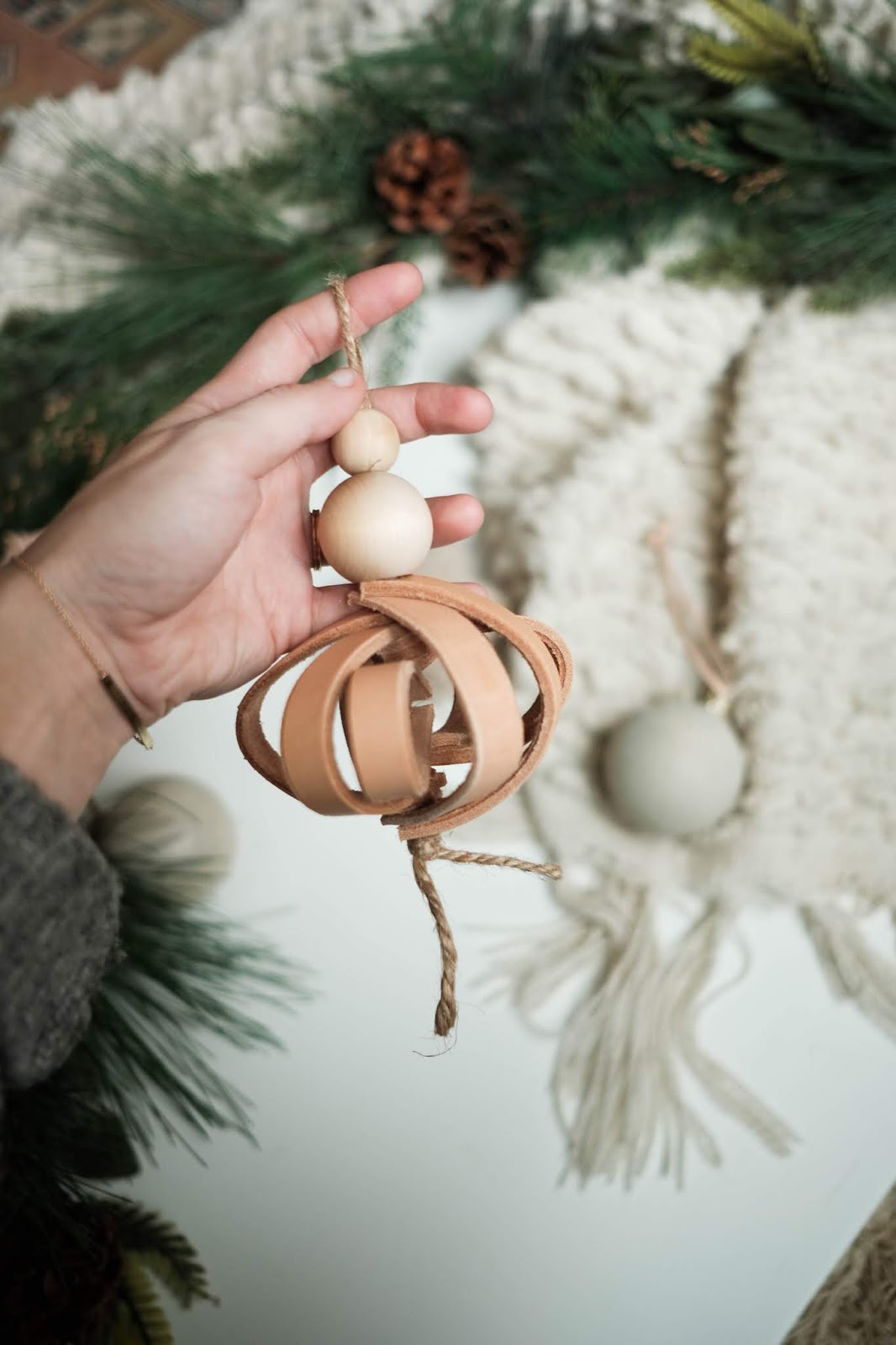 DIY tan 3D leather Christmas ornament with wooden beads (via www.alwaysrooney.com)