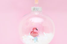 DIY snow glove Christmas ornament with a pink flamingo