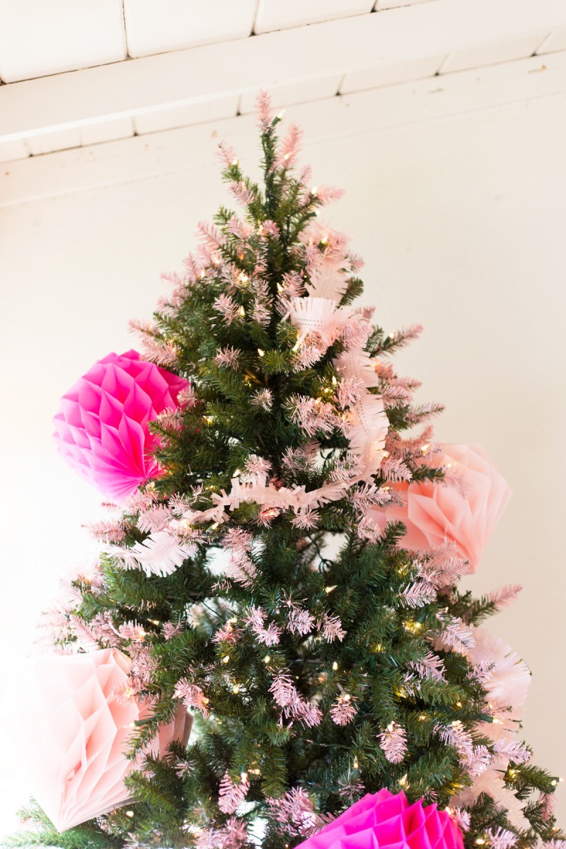 DIY pink tipped Christmas tree with paints