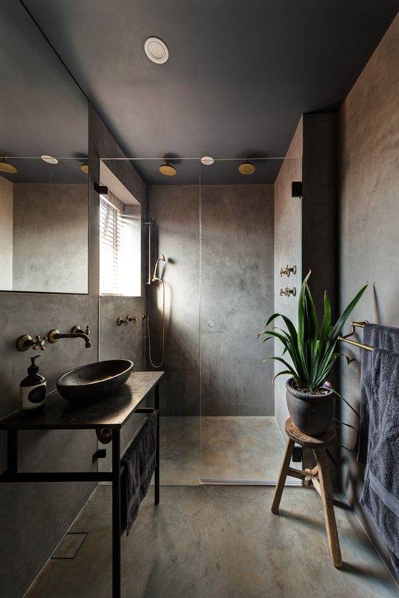a moody bathroom, which isn't dark - it's more neutral and grey but done with matte finishes