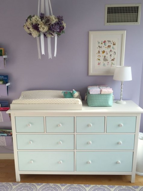 IKEA Hemnes dresser painted aqua to match the lilac nursery and continue the soft color scheme