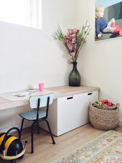 an IKEA Stuva children's desk hack with a custom top made from floor panels looks very contemporary
