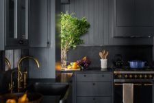 12 a vintage moody kitchen done in graphite grey and black stone countertops plus brass touches