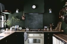 14 a black kitchen with chic vintage touches and wooden countertops plus white elements to refresh the space