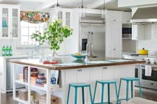 20 turquoise stools for the breakfast space are a cool and bright accent for the kitchen design