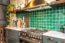 26 an olive green kitchen with brass touches and a super bright green tile backsplash accented with white grout