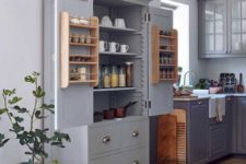 31 a grey kitchen larger used for tableware and cookware storage and some spices and food