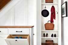 a built-in mudroom with shelves and basket is a cool idea for a small space, hide your stuff inside