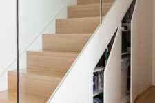 a modern staircase with storage compatments is a cool idea for any space, you can hide a lot of unnecessary stuff inside