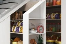a staircase with drawers built-in to store a lot of things and stuff is a cool idea, it’s like a pantry