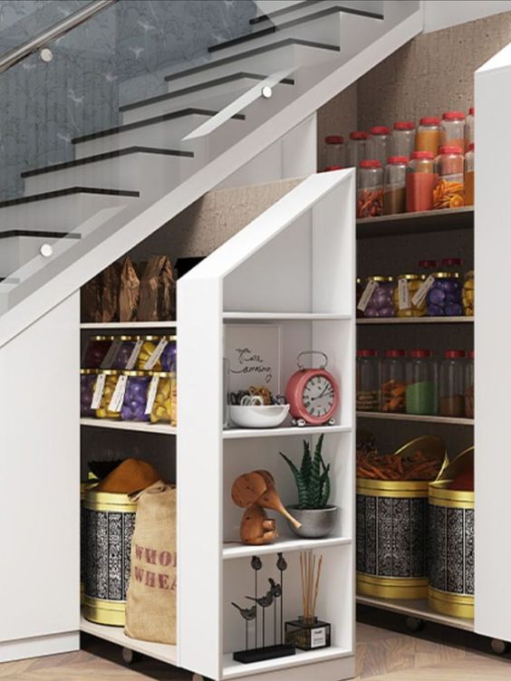 a staircase with drawers built-in to store a lot of things and stuff is a cool idea, it's like a pantry