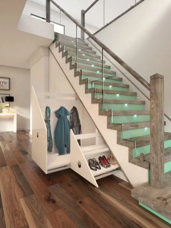 a staircase with drawers is a lovely idea for a modern space, you can organize a pantry or a mudroom there