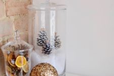DIY easy and fast winter terrarium with glitter pinecones