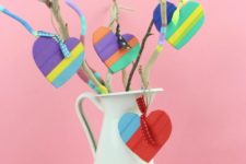 DIY colorful wooden Valentine heart ornaments done with tape