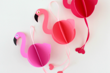 DIY bright 3D paper flamingo Valentine ornaments
