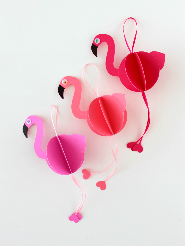 DIY bright 3D paper flamingo Valentine ornaments (via www.whitehousecrafts.net)