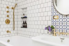 02 neutral tiles – square ones and penny hex tiles plus an accent with blue and white mosaic tiles over the sink