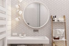 10 a contemporary neutral bathroom with white hexagon tiles with black grout to make neutrals bold and catchy