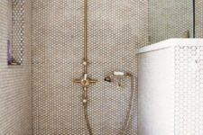 17 tan penny tiles paired with brass fixtures make the shower space look very chic and very warming up and welcoming