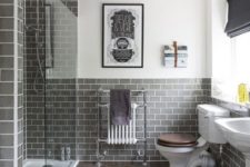 23 grey bathroom tiles with white grout and wood floors look chic together