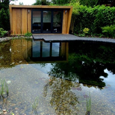 a contemporary natural swimming pond with pebbles, rocks and water plants looks very soothing and relaxing, can be used for swimming or just lookign at it