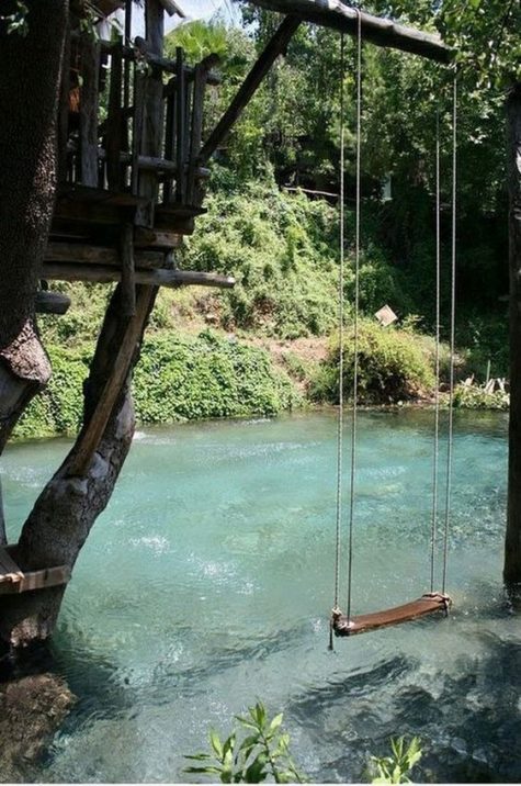 a gorgeous natural swimming pool with greenery around and a cool swing to jump in is a dreamy location for any summer