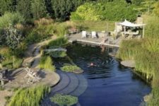 a large natural pool with steps that looks like a real pond thanks to greenery and floating plants on its surface