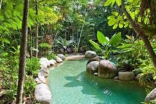 a small natural pool surrounded with oversized rocks, tropical plants and loungers on its side