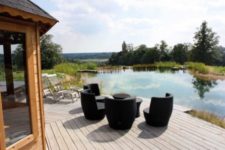 a swimming pond with a wooden deck and contemporary furniture, grasses and greenery on the sides of the pond for a natural feel