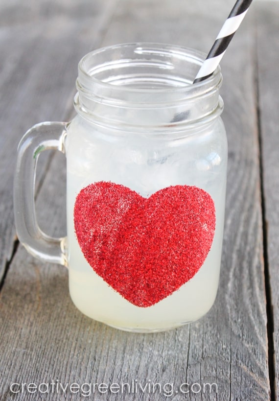 DIY jar mug with a red glitter heart for Valentine's Day (via www.creativegreenliving.com)