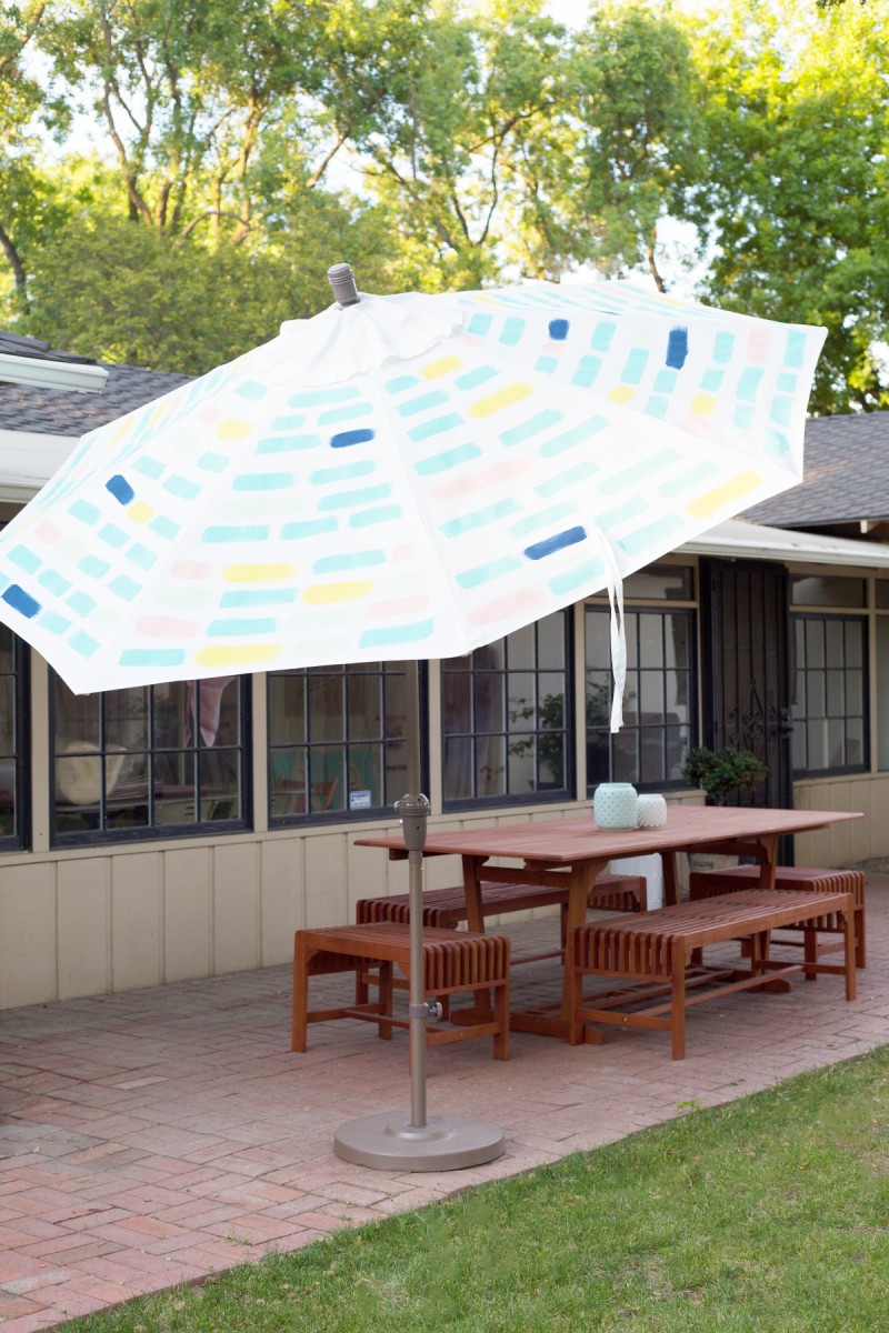 DIY painted patio umbrella with modern patterns