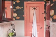 02 add a touch of whimsy with fish print wallpaper in your bathroom, here it matches the coral door perfectly