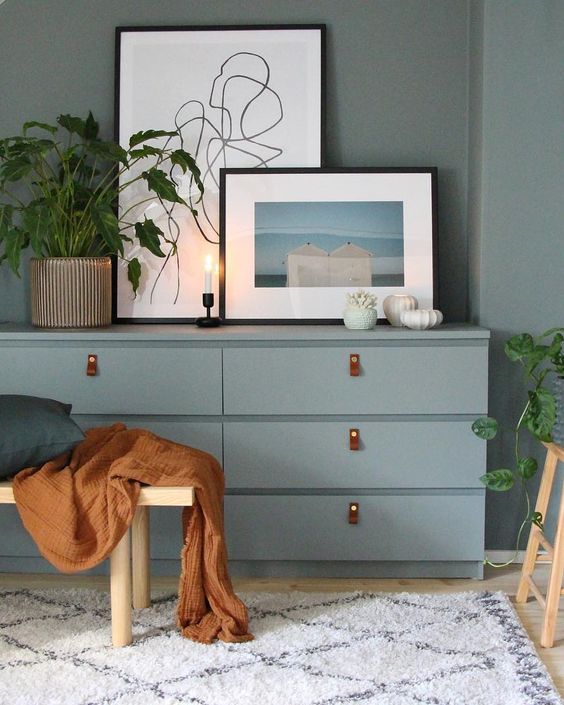 a blue Malm dresser hack with leather pulls is a gorgeous idea for a boho space, and leather adds texture