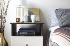 03 a contrasting IKEA Tarva nightstand hack – dark stained wood plus a white drawer and a metallic knob