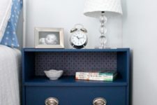 05 an elegant Rast dresser hack with new silver knobs and a wallpaper covered compartment as a cool nightstand