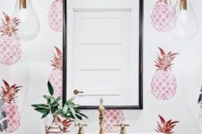 06 fun pink pineapple wallpaper will give your bathroom a tropical feel, highlight it with greenery and brass