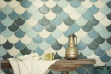 08 cream, blue, light blue and graphite grey fishscale tiles for a bathroom wall