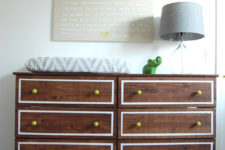 14 a dark stained IKEA Tarva dresser with white inlays and bright yellow knobs is a stylish dressing table