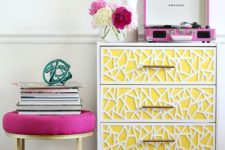 15 a fun and quirky IKEA Rast hack done with bright yellow and white geomeric inlays and gold legs for a glam space