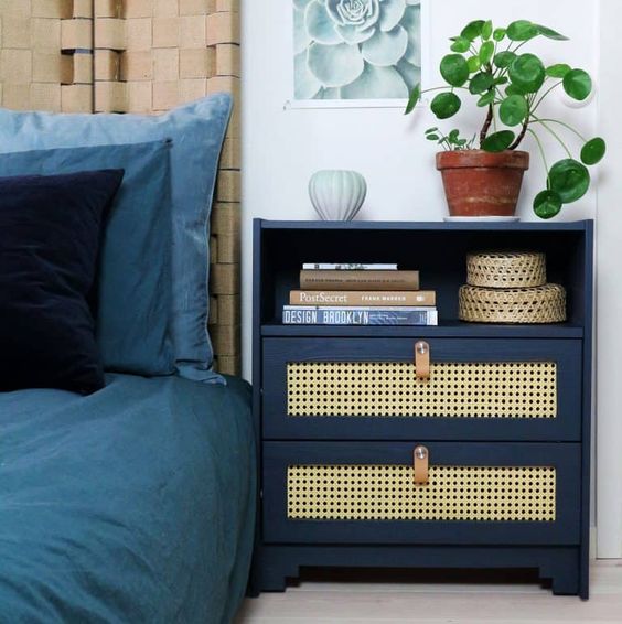 a stylish IKEA Rast hack with cane inserts, leather pulls and a single open compartent is a very practical piece