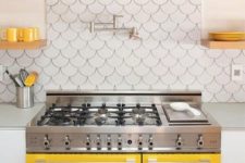 20 a bright and fun kitchen with touches of sunny yellow and fishscale tiles on the backsplash