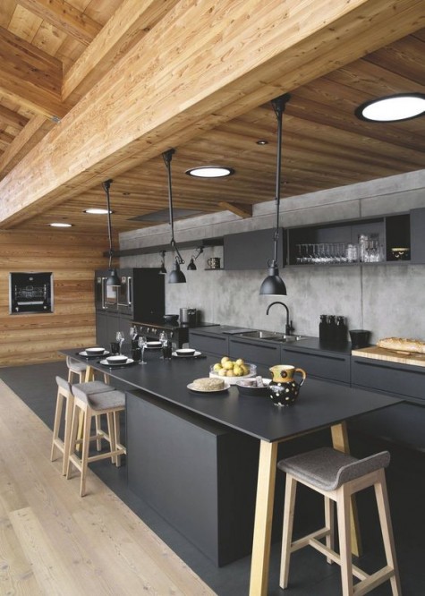 an ultra contemporary kitchen with matte black cabinets and a kitchen island plus a concrete backsplash