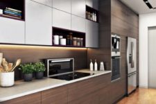 04 a chic minimalist kitchen with dark stained wood and white sleek cabinets for a bold contrast